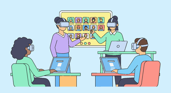 students wearing VR headsets in classroom with laptops