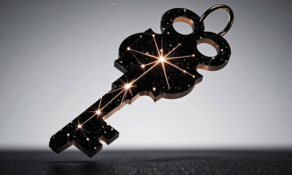 A glowing constellation forming the shape of a key, suspended in a dark gradient sky, symbolizing access to hidden truths