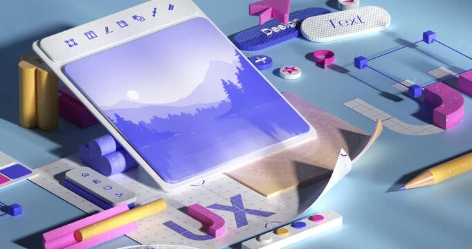 Playful isometric 3D animation of a creative design workspace featuring a tablet displaying a landscape, surrounded by colorful tools, UX elements, and geometric shapes.