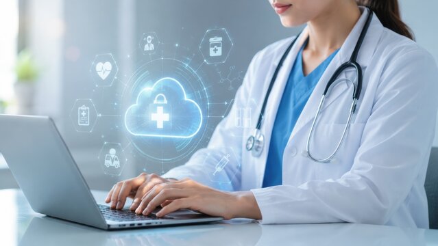 iCloud Based Digital Healthcare System with Doctor Using Laptop in Modern Medical Office