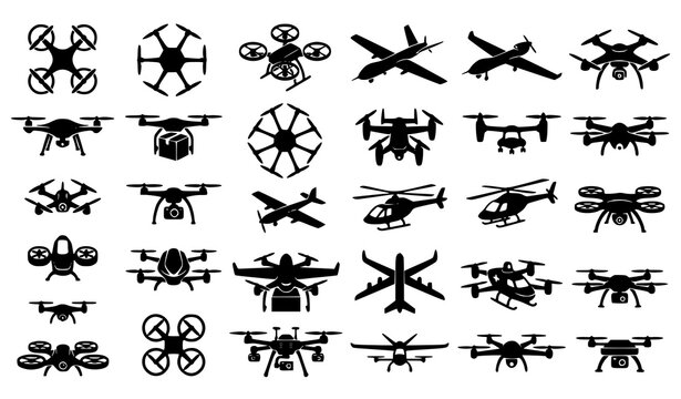 Black Silhouette Drone and VTOL Aircraft Icon Collection with Quadcopters and UAV Designs