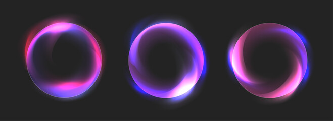 Abstract neon circular frames with glowing gradients. Futuristic AI interface elements, digital technology background, modern purple sci-fi rings isolated on dark. © Elizabeth Bryss