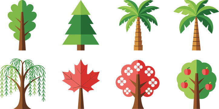 Colorful Tree Vector Set Featuring Deciduous, Pine, Palm, Weeping, Maple, Cherry Blossom, and Apple Trees for Nature, Garden, and Outdoor Illustration