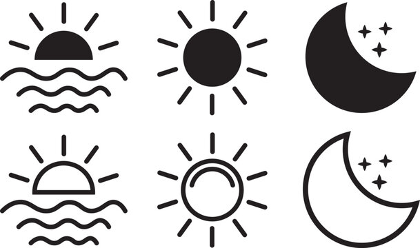 Morning, noon, and night icons set. weather icons. Day and night icons. orning, noon, night, icon set. Day and night icons set. Crescent moon and stars, day and night time symbols. Sun half icon, sunr