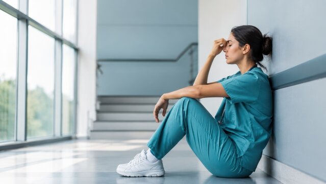 Exhausted Female Healthcare Worker Sitting in Hospital Corridor After Long Shift