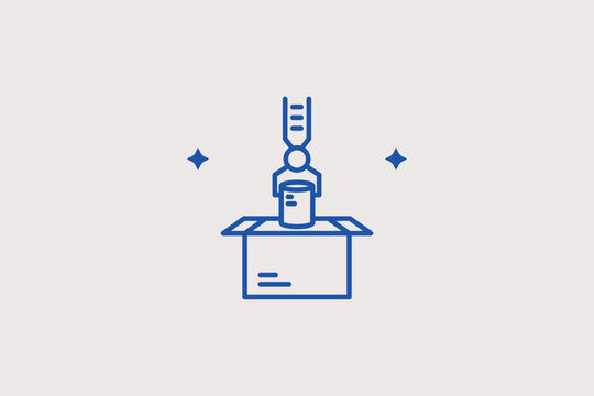 Robotic arm packing a jar line icon for automated assembly lines. Modern vector illustration for smart logistics and food packaging solutions.