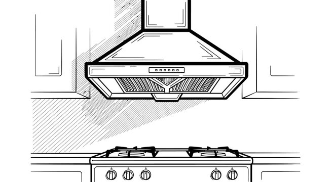 Black and white illustration of kitchen range hood above stove in outline