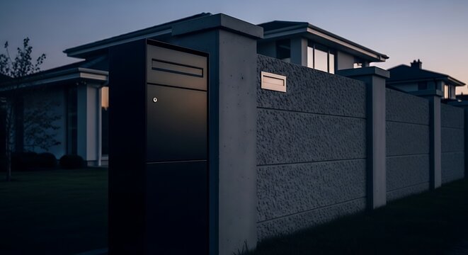 Modern black metal mailbox integrated into a stone boundary fence in front of a house at twilight. boite mail 