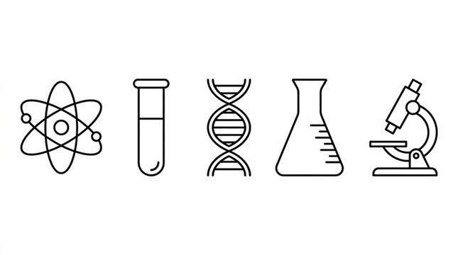 Science and laboratory line icon collection featuring atom, test tube, dna, flask and microscope