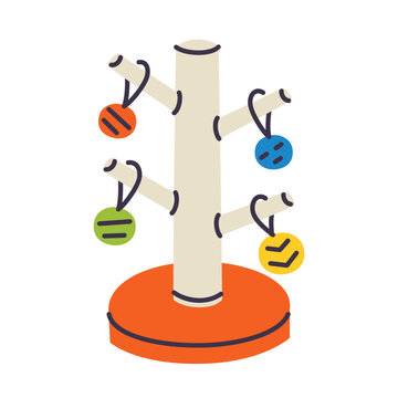 Wooden bird toy tree stand with colorful hanging ball toys, flat cartoon pet enrichment accessory for parrots and budgies. Branch perch with foraging pendants, cage activity toy vector illustration