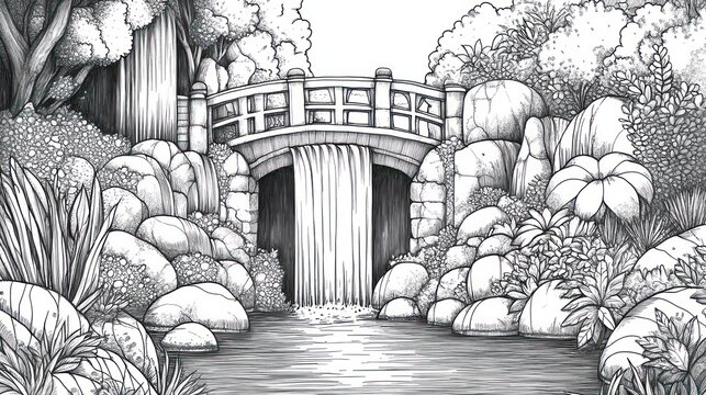 Black and white whimsical garden waterfall with a bridge