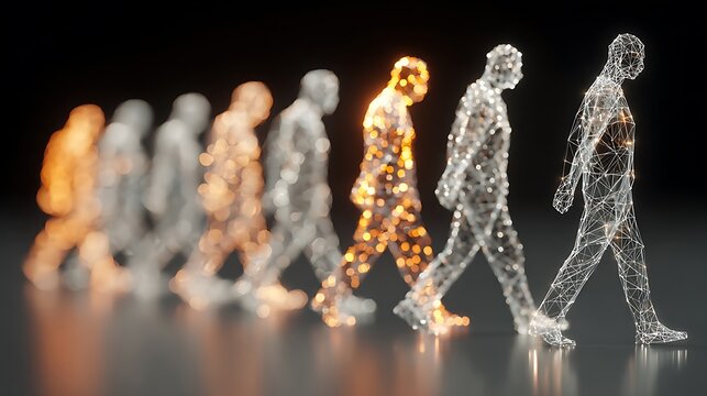 Digital human evolution from orange glow to white wireframe against dark background