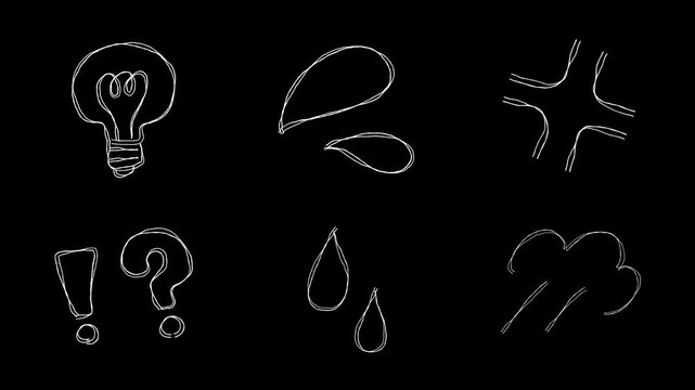 様々なリアクションの落書き線画イラスト。線が動く手描きのアイコン動画。ループする4Kアニメーション。焦りや怒り、驚きの気持ちを表すマークの詰め合わせ。編集しやすい黒背景のオーバーレイ素材