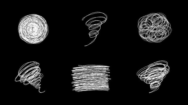 もやもやした感情の落書き線画イラスト。線が動く手描きのアイコン動画。ループする4Kアニメーション。鬱や不安、心配を表すマークの詰め合わせ。編集しやすい黒背景のオーバーレイ素材