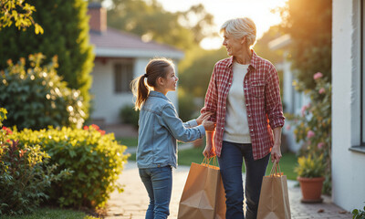 Naklejka premium Grandmother grandchild groceries girl helping grandmother carry shopping bags at home under warm sunset light