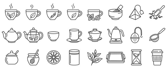 Fototapeta premium Tea and hot beverage line icon set including teapots, cups, matcha bowl, honey, lemon, and brewing accessories for cafe menus.