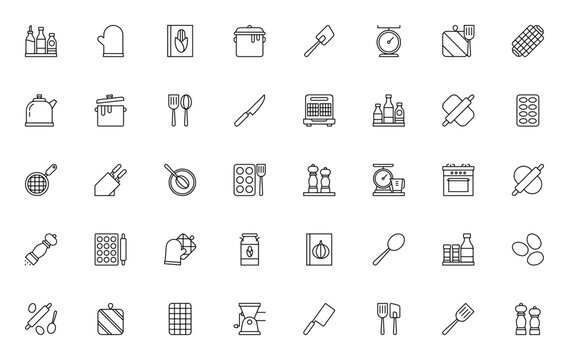 Cooking icon set. Minimal thin line kitchen vector icons pack. Featuring mitten, corn, casserole, spatula, knife, rolling pin and more. Editable vector stroke.