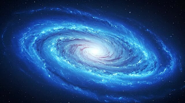 A vast spiral galaxy glows with brilliant blue and white light against the deep blackness of space.