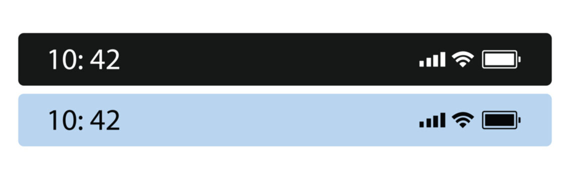 Mobile phone status bar icons set with clock, signal, Wi-Fi and battery indicators