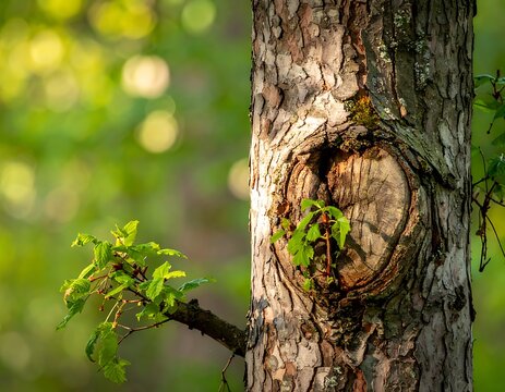A tree trunk with a knothole and green leaves