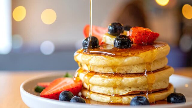 Maple Syrup Slowly Flowing Down Freshly Baked Pancakes