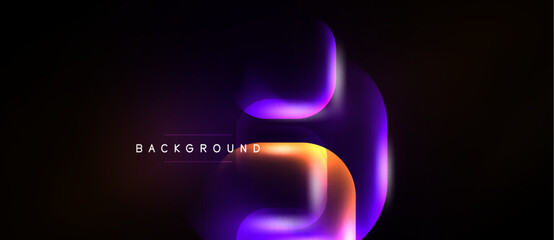 Naklejka premium Abstract design features vibrant purple, orange gradients. Dark background emphasizes flowing shapes, text reads background. Modern aesthetic, dynamic composition.