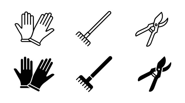 Essential gardening tools icons including gloves rake and pruning shears in black and outline with gardening