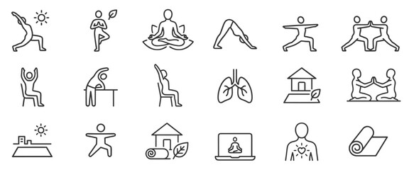 Fototapeta premium Minimalist line icons illustrating various yoga poses, meditation practices, breathing exercises, and home fitness routines for health and wellness