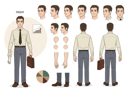 Business man character sheet with various poses and expressions