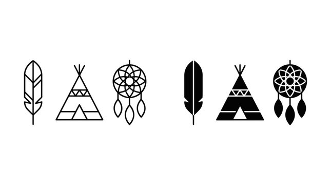 Native american cultural symbols icon set with outline and solid feather teepee dreamcatcher illustrations