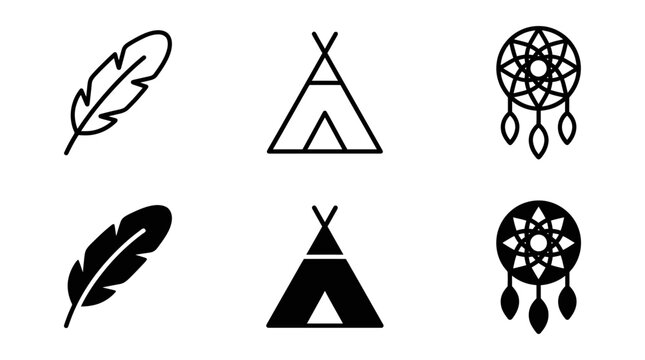 Collection of native american cultural icons featuring outline and solid feather teepee dreamcatcher symbols