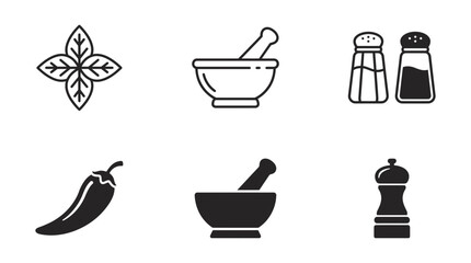 Fototapeta premium Cooking herbs spices kitchen tools icons set with basil chili mortar shakers - line and glyph, ingredients