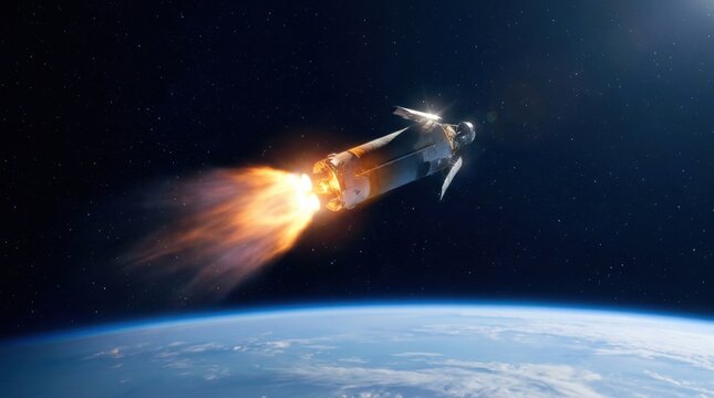 Rocket Launch into Space: A powerful rocket ascends into the inky blackness of space, propelled by fiery exhaust, with the curve of Earth visible below.