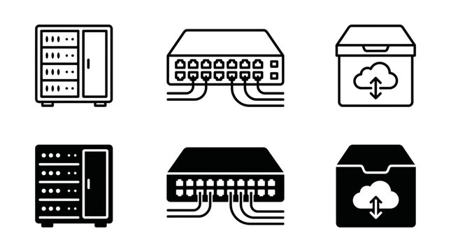 Information technology and network infrastructure icons set with server rack switch cloud storage, computing