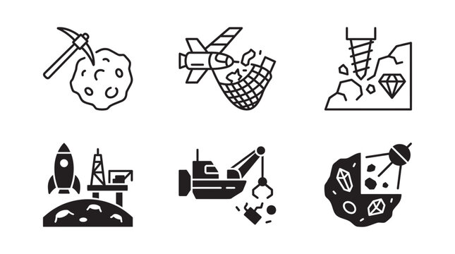 Asteroid mining and space resource extraction icons set with pickaxe spaceship drill rover asteroid platform