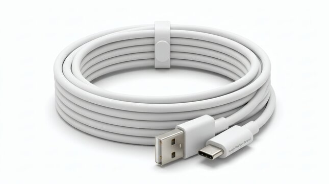 USB-C to USB cable, white, charging cord, coiled, fast data transfer