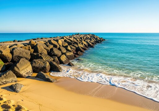 Rocky breakwater extending into the turquoise ocean at a sandy beach