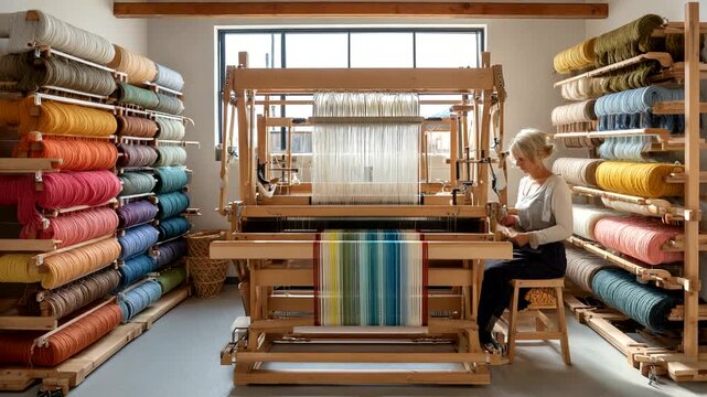 Weaver at Loom Creating Colorful Textile in Studio