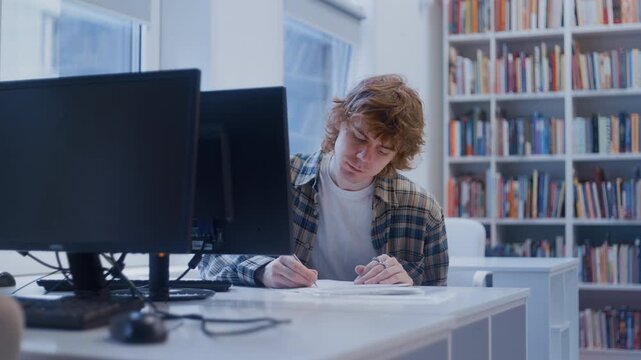 Focused red-haired male student studying and writing at a desk in the university library