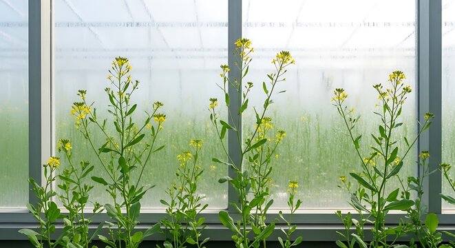 Camelina sativa growing in a research greenhouse with vibrant yellow flowers and lush green foliage displayed behind a frosted glass wall for cultivation