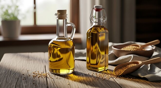 Camelina sativa oil in glass bottles on a rustic wooden table with seeds in a wooden scoop representing organic health food and natural culinary oils