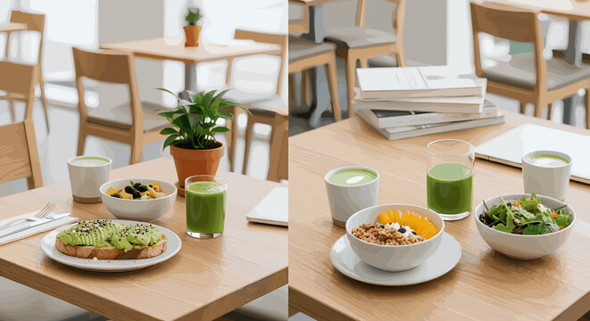 Two tables in a cafe setting, each with healthy breakfast options including avocado toast, granola, and green smoothies.