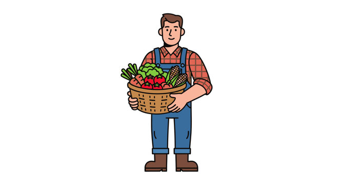 Farmer with basket of fresh vegetables illustration on white background