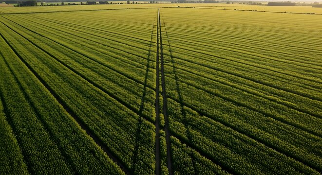 Aerial view of a vibrant yellow blooming Camelina sativa field with symmetric tractor paths stretching towards the horizon during a warm golden hour.