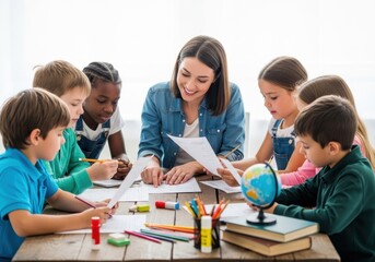 Fototapeta premium Teacher Assisting Elementary Students With Science Experiment In Classroom