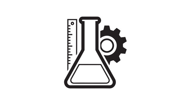 Science laboratory flask with gear and ruler representing STEM education concept