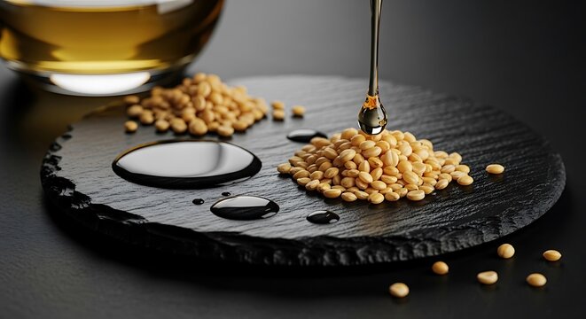 Camelina sativa seeds and oil dripping onto a black slate stone surface representing healthy plant-based nutrition and natural omega-3 supplement source