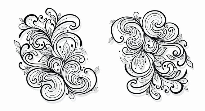 Black and white floral designs with swirling patterns and leaves