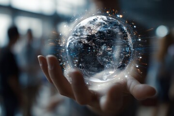 Fototapeta premium Hand holds a holographic Earth, glowing particles