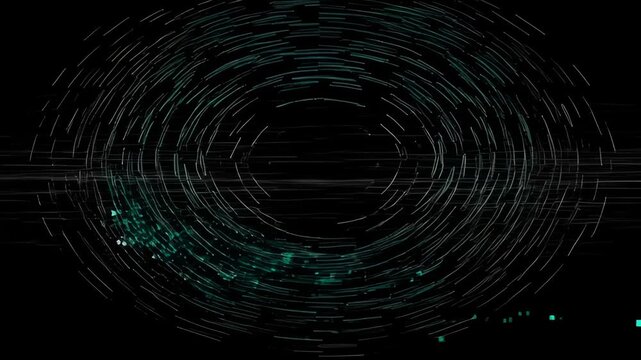 Abstract digital line music technology virus hack motion dark data network cyber security cyber threat with glitch texture, green light, cyan particle trail, black background, digital wave style